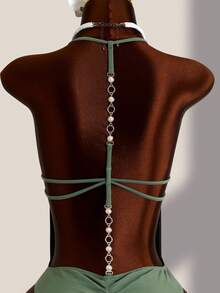 Swim Vcay New Women's Sexy Solid Color Metal Chain Strap Halter One-Piece Swimsuit, Suitable For Beach, Pool, Vacation - Army Green - View 5