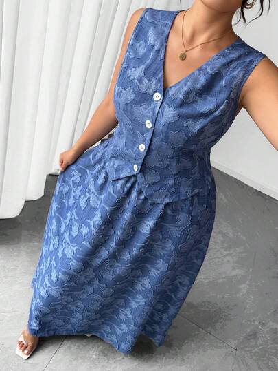 Elenzga Plus Size Women's Summer New Jacquard V-Neck Sleeveless Long Vest & A-Line Skirt Two Pieces Set, Smog Blue, Waist Cinching, Flared Hem, Suitable For Work Commute, Casual, Vacation