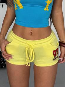 StreetHx Quần short cạp thấp màu vàng, kiểu dáng retro Y2K, gợi cảm, có dây rút, thêu họa tiết. - Màu vàng - Xem 5