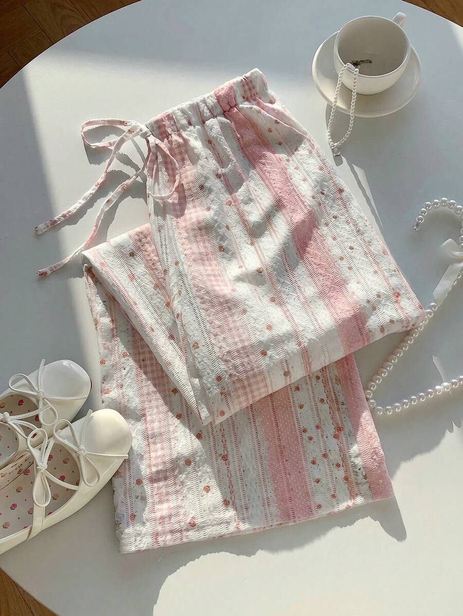 Comfortcana 2026春夏新款女式粉色条纹撞色格纹松紧腰抽绳裤,沙滩/度假裤,2000年代风格 - 粉色 - 查看 1