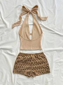 Soleia Women's Vacation Casual Solid Color Backless Halter Top And Shorts 2-Piece Set - Khaki - View 2