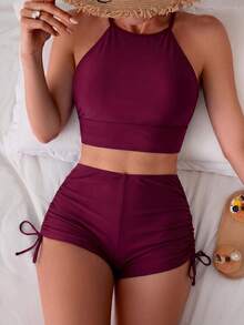 Swim Chiccia Women's Two Pieces Solid Color Slimming Tankini Bikini Set Set With Side Drawstring, Suitable For Beach, Resort, Casual Party - Red - View 3