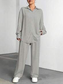 Flirla Ladies' Solid Color Drop Shoulder Long Sleeve Shirt And Pants Two-Piece Set - Grey - View 3
