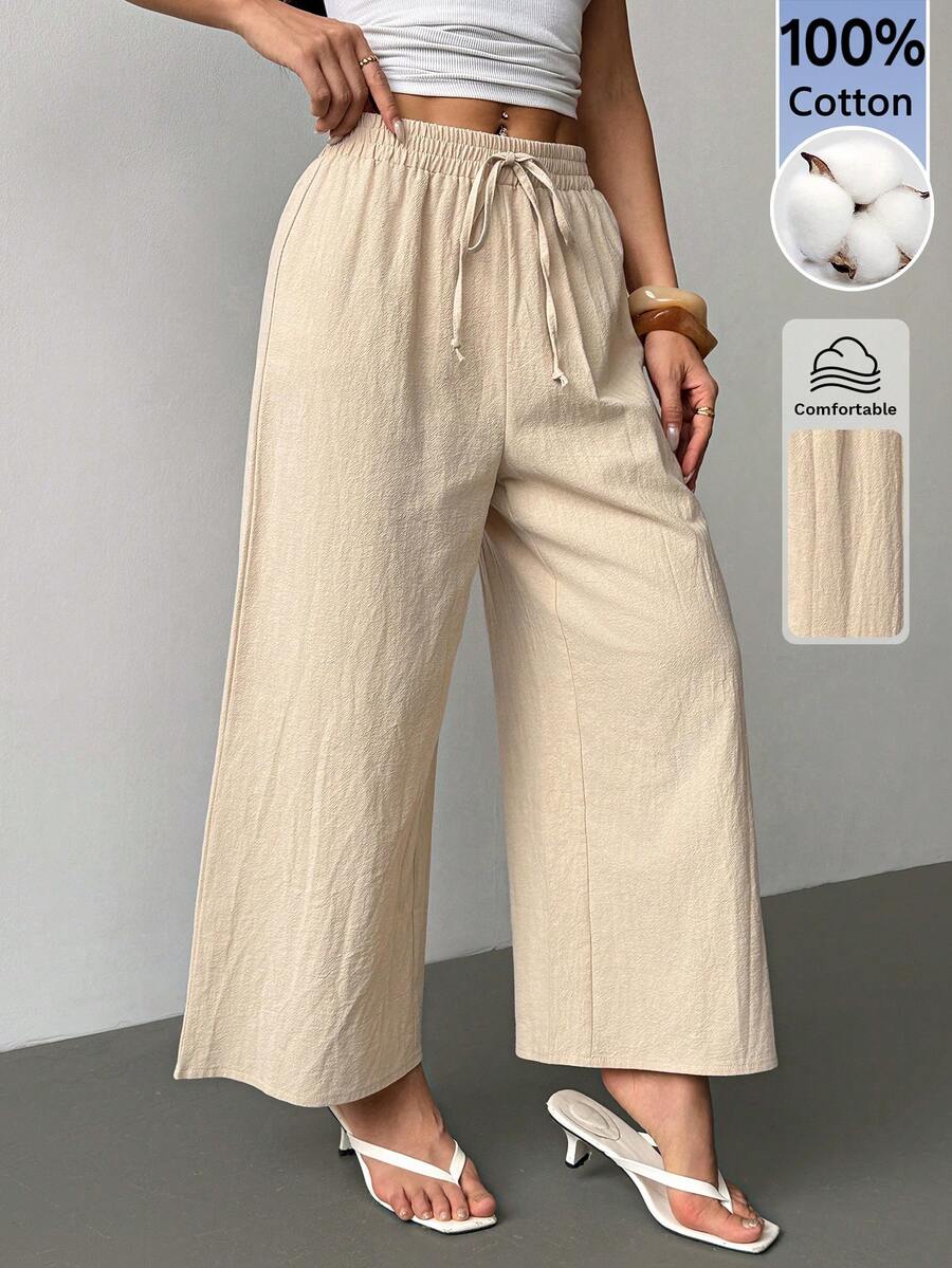 SHEIN PETITE Linen Casual Khaki Pants,Autumn Work Trousers For Women ,Petite Women - Apricot - View 1