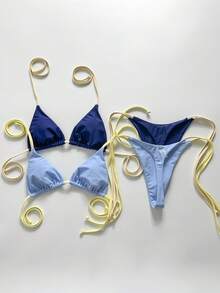 Swim Vcay Ensemble de maillot de bain bikini sexy 4 pièces pour femmes, été, plage et vacances, dos nu, attache au cou, noué dans le dos, couleurs contrastées, string - Multicolore - Voir 3