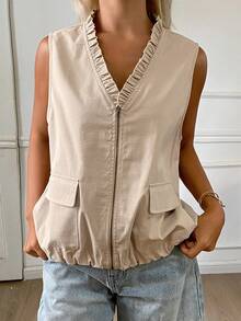 DAZY Women's Solid Color V-Neck Zipper Pocket Sleeveless Regular Jacket Everyday Beige Summer Casual - Khaki - View 1
