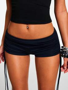 Nooralise Women's Regular Casual Solid Color Drawstring Pleated Sports Shorts - Black - View 5