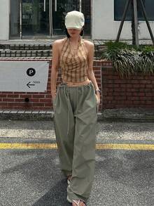 DAZY 格紋修身不對稱領掛脖綁帶休閒度假夏季女款背心 - 卡其色 - 查看 5
