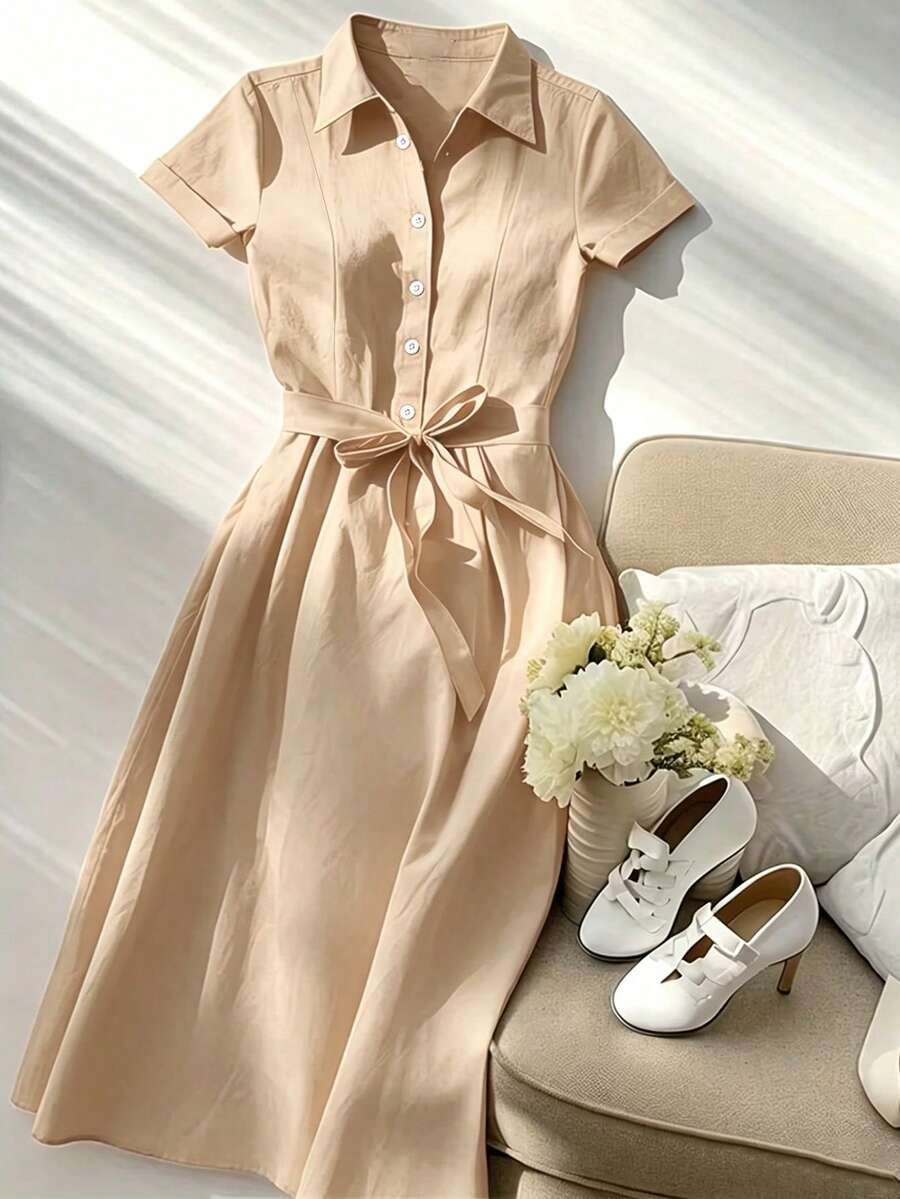 Franclia Polo Collar Elegant Slimming Linen Dress - Khaki - View 1