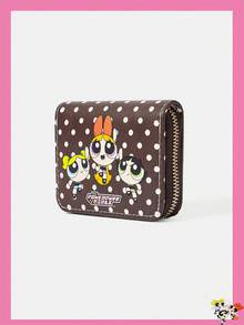 THE POWERPUFF GIRLS X SHEIN 米色波點飛翔女警圖案拉鍊錢包，多卡槽收納包，附零錢袋與輕量身分證夾，適合女性/女孩，可作為青少年、學生、教師禮物，亦可用於學校與商務名片包 - 咖啡棕 - 查看 2