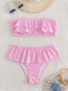 Swim Mod Women's Allover Print Bandeau Bikini Set, Casual Low Waist Ruffle Skort, Vacation & Swimming Suit - Multicolor - View 5