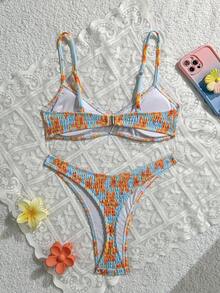 Swim Mod Springbreak 女款兩件式泳裝，隨機碎花圖案，掛脖式肩帶，性感時尚海灘比基尼套裝 - 彩色 - 查看 2