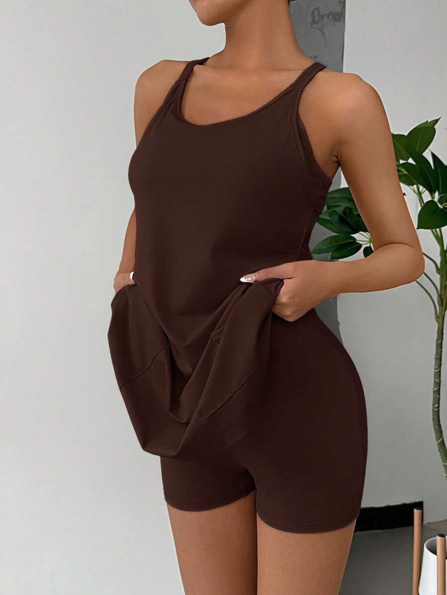 SHEIN EZwear Đầm liền quần không tay màu trơn dành cho nữ, có quần short bên trong, thích hợp mặc hàng ngày, có size lớn, đầm liền quần. - Màu nâu Sô-cô-la - Xem 1