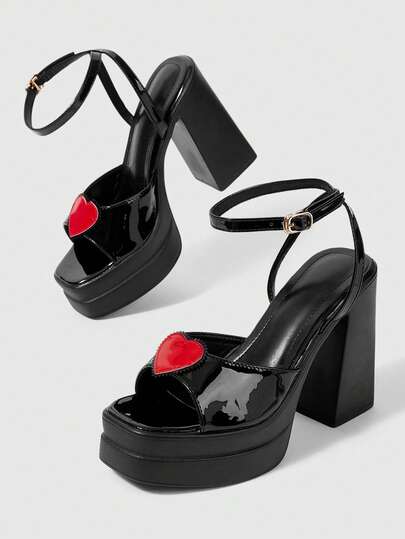 ROMWE Grunge Punk Sandal cao gót nữ thời trang quyến rũ quai mảnh mũi vuông hở ngón, phong cách punk gothic peep-toe, trang trí hình trái tim dễ thương tinh nghịch, quai cổ chân khóa cài, đế platform dày chống nước, gót chunky, giày nữ đi tiệc/lễ hội/hộp đêm mùa xuân/hè