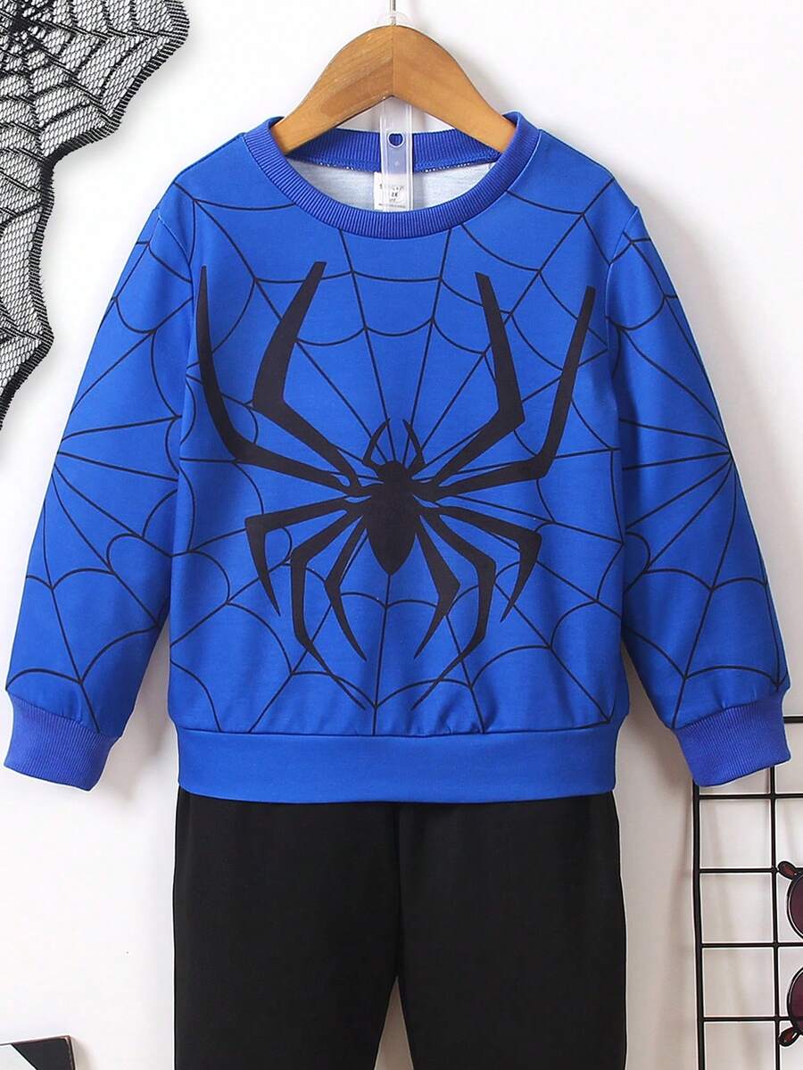 SHEIN Young Boys Stand Collar Spider Web Graphic Print Long Sleeve Sweatshirt, Suitable For Autumn, Halloween Party, Performance Clothes Boysspider Man Clothesspider Man Clothes Kidsspiderman Clothesspiderman Outfitgetaway,Holiday,Travel,Relax,Sunbathing,Summer - Blue - View 1