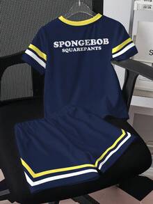 SpongeBob SquarePants | SHEIN 男童条纹圆领短袖T恤和休闲短裤两件套 - 白色 - 查看 2