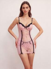 Elorette 女士蕾丝拼接修身迷你吊带睡裙 - 粉色 - 查看 8