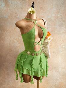 Mistrie Vestido de mujer con cuello de corbata verde, cruce de tirantes, recorte hueco y volante en el bajo - Verde - Ver 6