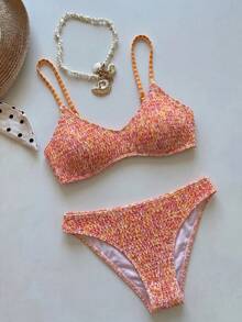 Swim Mod 26SSWomen Orange And Pink Ditsy Floral Bikini Set Cute Tropical Two-Tone Summer Bohemian Sexy Beach Party Vacation Holiday Swimwear Western Boho - Multicolor - View 8