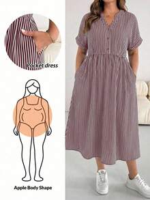 SHEIN Essnce 大码女士条纹V领褶皱休闲派对连衣裙 - 彩色 - 查看 1