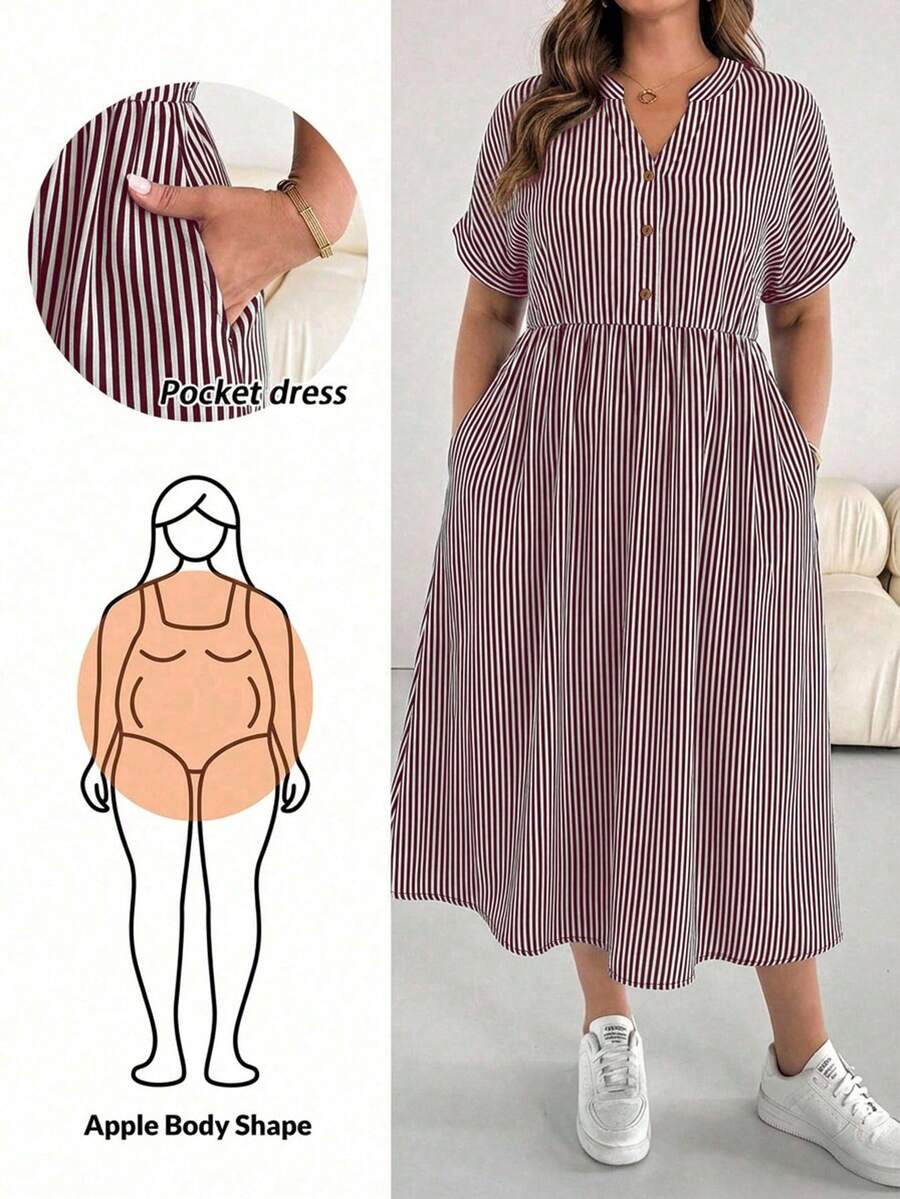 SHEIN Essnce 大码女士条纹V领褶皱休闲派对连衣裙 - 彩色 - 查看 1