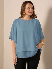 SHEIN LUNE Plus Size Women Flowy Chiffon Solid Color Round Neck Blouse - Dusty Blue - View 4