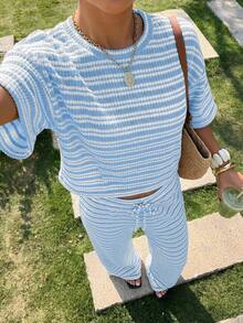 Muchica Women's Summer New Blue Textured Striped Loose Short Sleeve T-Shirt And Pants Set - Blue - View 4