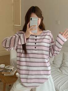 DAZY Bộ đồ mặc nhà thoải mái dành cho nữ, gồm áo dài tay cổ tròn kẻ sọc và quần short. - Hồng - Xem 8