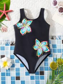 SHEIN Kids Young Girl Baby Yellow Floral Print One-Piece Swimsuit,Vintage Luxury Y2K Aesthetic  Beachwear For Summer,Beach,Family Vacation,Holiday,Pool - Black - View 9