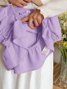 SHEIN LMoss Kids 少女休閒素色圓領短袖套頭上衣 - 紫色 - 查看 5