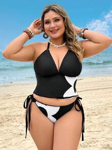 Swim Lushoire 206 New White Plus Size Tankini Set Vacation Summer - Black and White - View 5