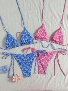 Swim Mod 4件組女款掛脖式碎花比基尼泳衣，極簡風，適合海邊度假 - 彩色 - 查看 2