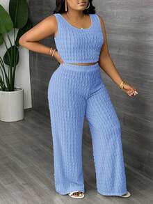 Slaydiva Plus Size Solid White Long Casual Vest And Wide Leg Pants 2 Pieces Set, Spring/Summer - Baby Blue - View 1