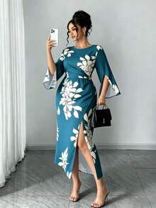 Elenzga Đầm maxi cỡ lớn dành cho nữ, thanh lịch, tối giản, thích hợp mặc đi làm hàng ngày, hẹn hò, dự tiệc, gợi cảm, xẻ tà ở cổ tay, ôm sát, màu mơ, họa tiết hoa đen. - Fresh Green - Xem 4