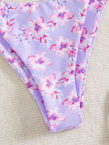SHEIN Swim 2026春夏新款花卉印花性感露背掛脖綁帶比基尼兩件式泳衣套裝 - 淡紫色 - 查看 5