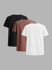 SHEIN Bộ 3 áo thun nữ cơ bản, thoải mái, tối giản, màu đen, trắng, nâu, áo mặc nhà, thích hợp cho mùa xuân/hè. - Nhiều màu - Xem 2