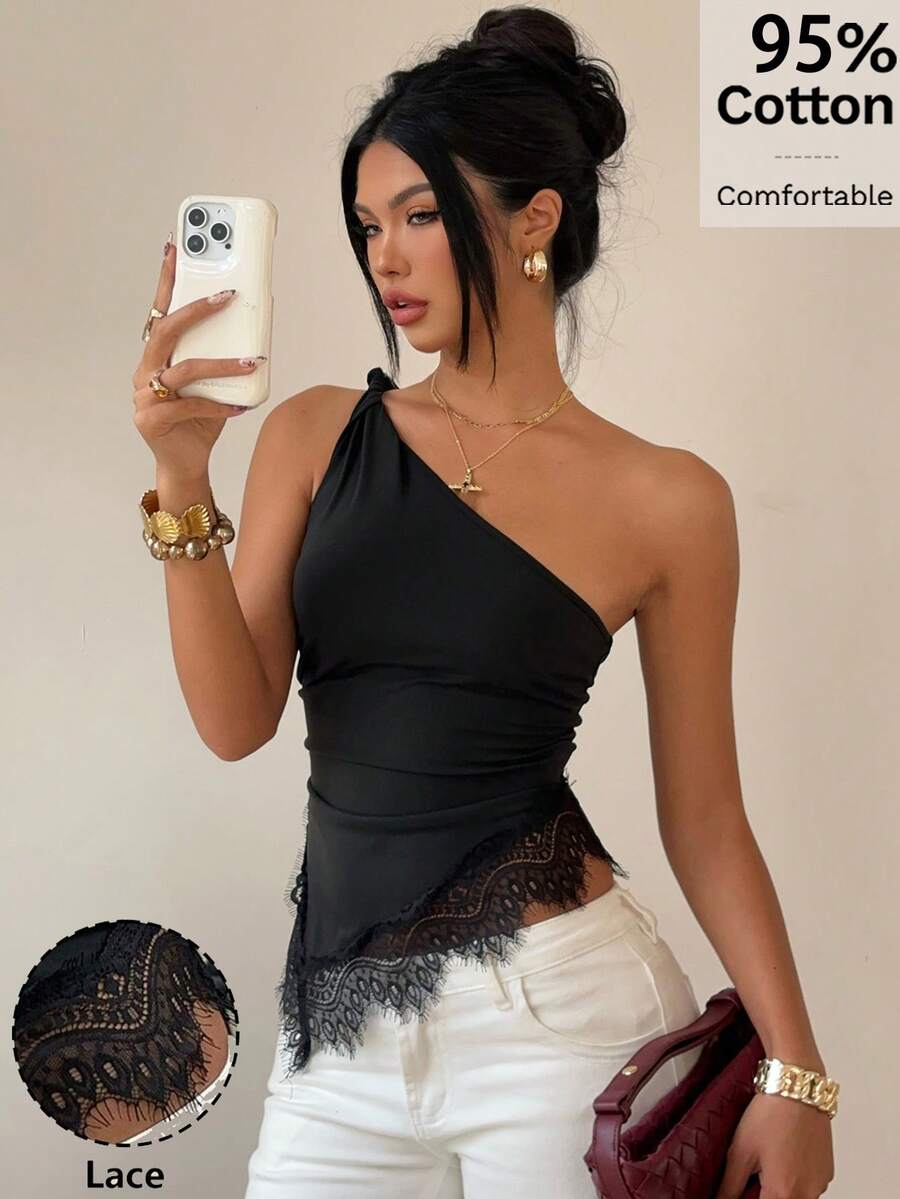 Siren Gaze Women's Sexy Asymmetric Hem Contrast Lace Bodycon Top, Summer,Summer Top - Multicolor - View 1