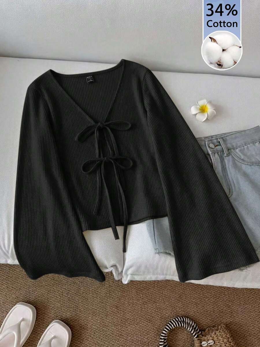SHEIN LUNE 黑色纯色针织休闲系带喇叭袖上衣，适合夏季穿着 - 黑色 - 查看 1