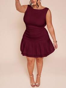 SHEIN BAE Vestido mini de mujer talla grande sin mangas, color blanco sólido, con detalle de lazo en la espalda fruncida - Rojo violeta - Ver 7