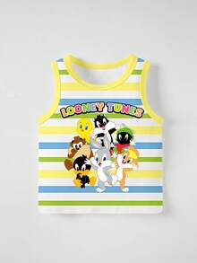 LOONEY TUNES X SHEIN GraphicGems 3pcs Baby Boy Casual Cute Cartoon , Tasmanian Devil Taz And All-Star Collection Floral Print Colorblock Ribbed Knit Tank Top For Summer - Multicolor - View 5