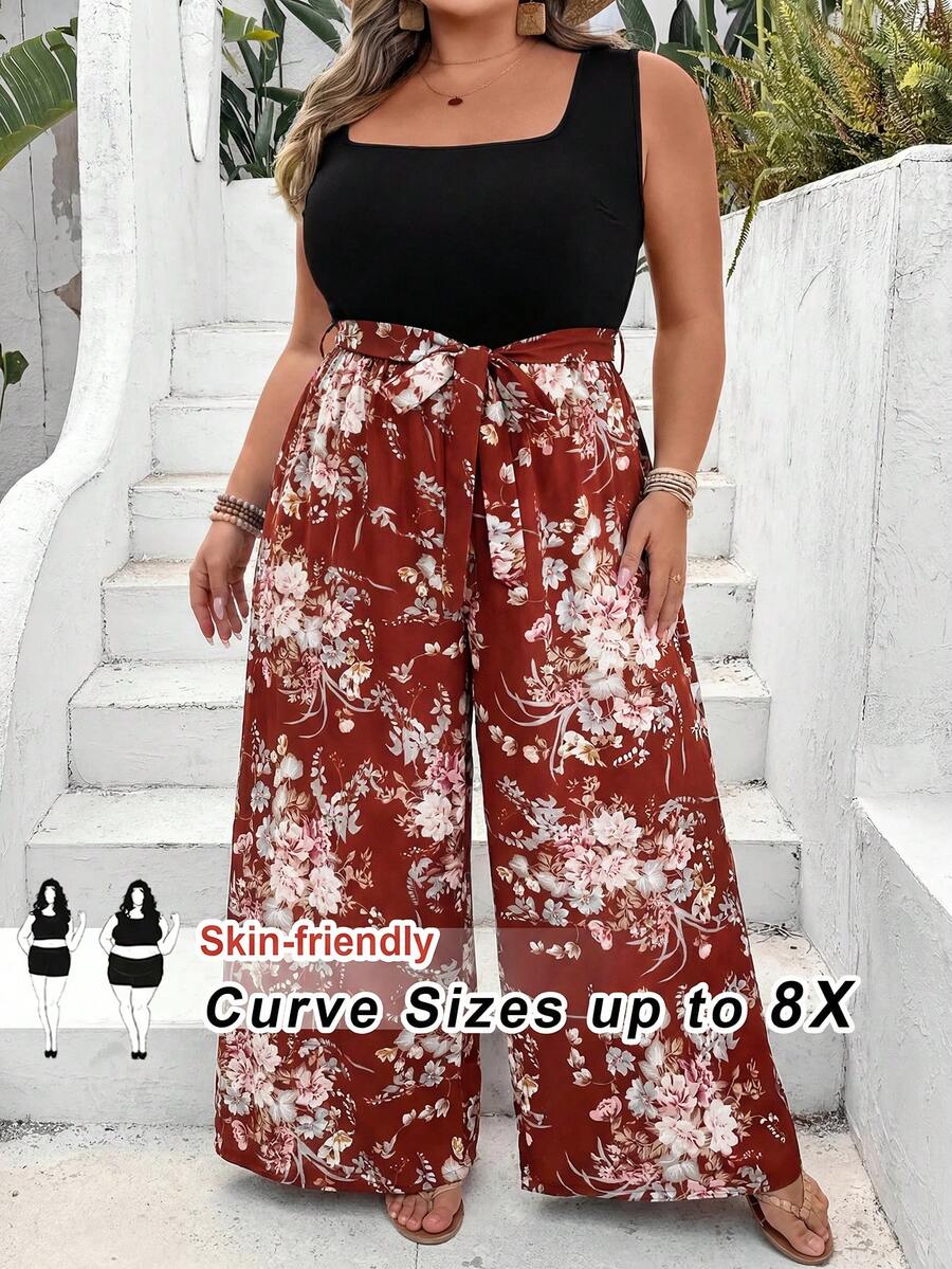 SHEIN CURVE+ Bộ jumpsuit thời trang tối giản dành cho người có vóc dáng ngoại cỡ, thích hợp mặc hàng ngày, phong cách boho hoặc đi nghỉ mát. - màu nâu - Xem 1