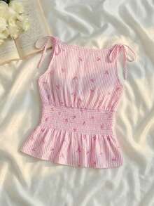 SHEIN MOD Top damă cu dungi roz, imprimeu cu funde, legături la umeri, cu peplum smocked, maiou elegant de vară fără mâneci, bluză roz în carouri cu tiv și volane, vestă Coquette - Roz - Vizualizare 1