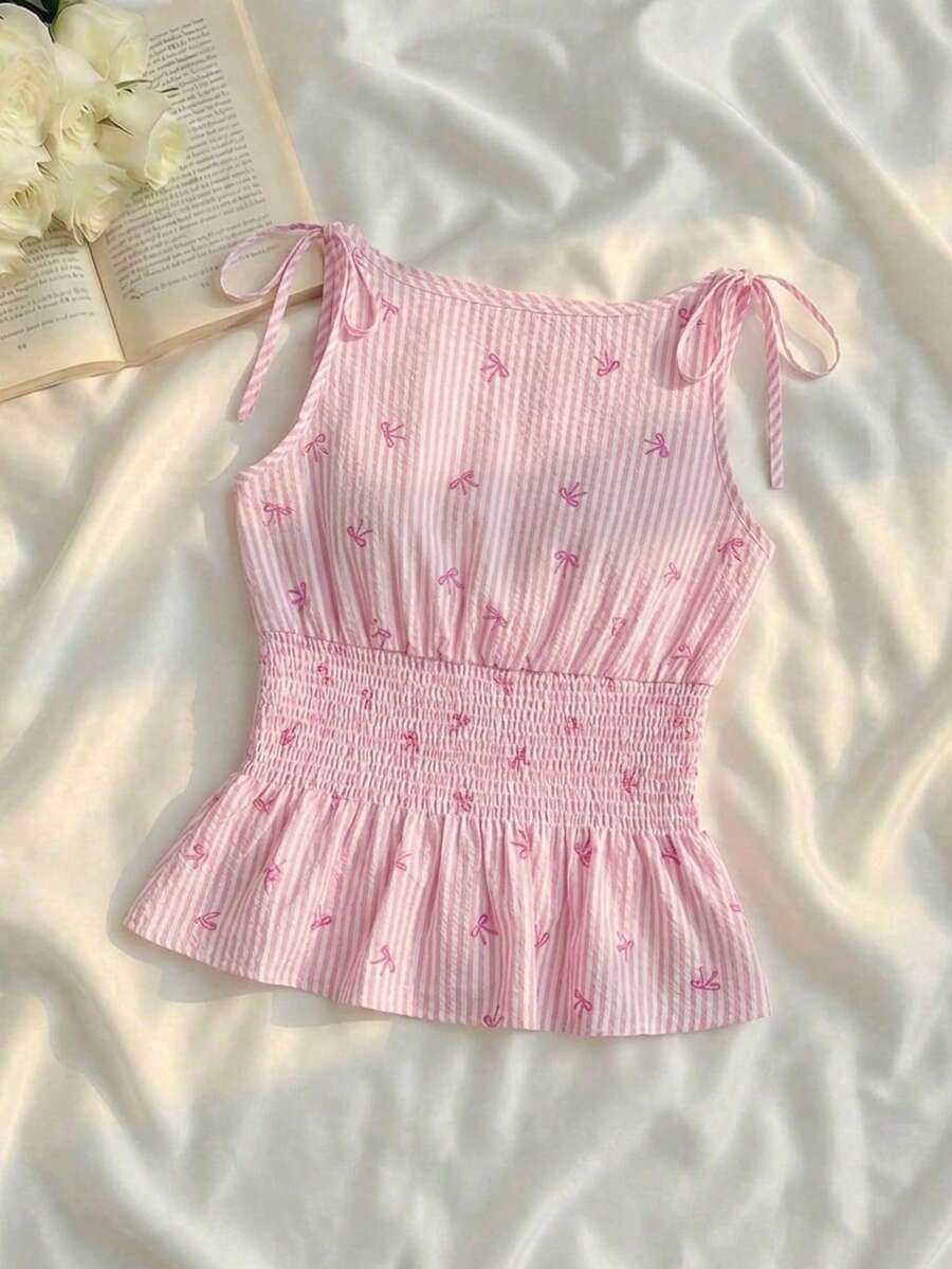 SHEIN MOD Top damă cu dungi roz, imprimeu cu funde, legături la umeri, cu peplum smocked, maiou elegant de vară fără mâneci, bluză roz în carouri cu tiv și volane, vestă Coquette - Roz - Vizualizare 1