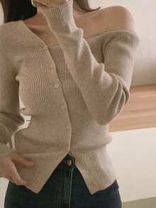 DAZY Women's Spring & Autumn Casual Solid Color Oblique Shoulder Cardigan,Long Sleeve Tops,Fall Women Clothes - Mocha Brown - View 8