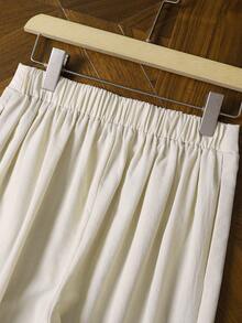 SHEIN Conjunto de dos piezas de pantalones de pierna ancha de cintura alta con bolsillo falso, cuello en V sin mangas y frente abierto, cómodo y casual para mujer, adecuado para vacaciones, negocios y uso diario - Beis - Ver 4