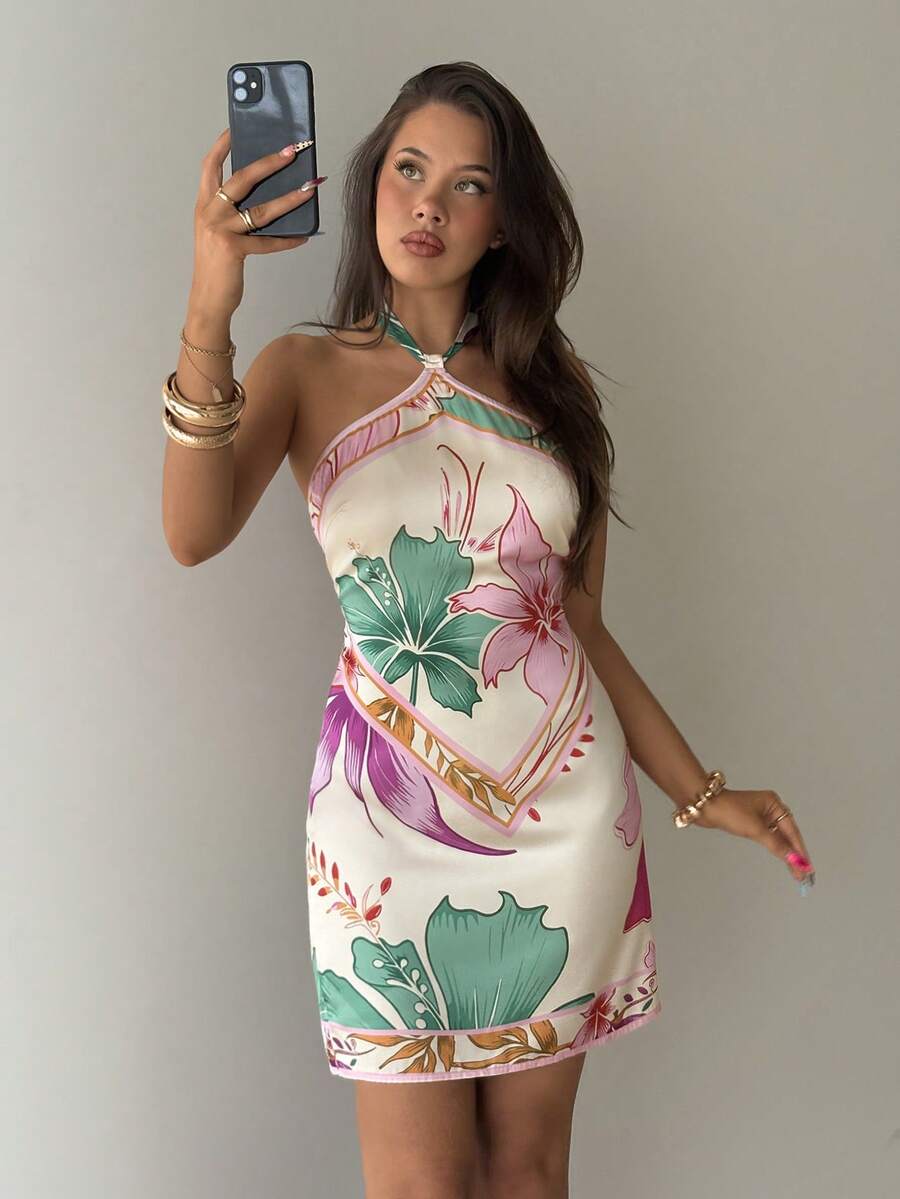 Aloruh Women's Spring/Summer Neck Tie Printed Mini Dress - Multicolor - View 1