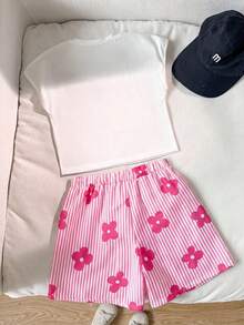 SHEIN Sparklyn 2pcs/Set Tween Girls Floral Print Fitted White Short Sleeve T-Shirt Top And Loose Shorts Set, Summer Outfit - Pink - View 2