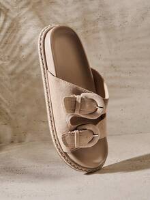 SHUZIA Women's Buckle Design Casual Slip-On Sandals - Light Grey - View 7