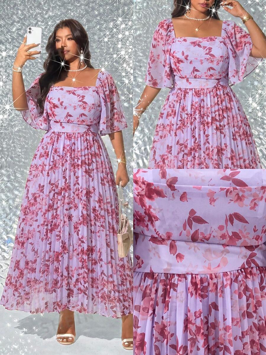 Viva Relle Plus Size Elegant Romantic Floral Print Long Pleated Dress - Purple - View 1