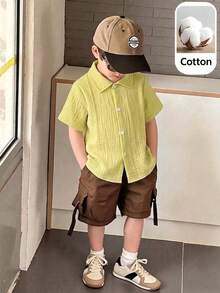 SHEIN Souflis Áo sơ mi dệt kim tay ngắn dáng suông bất đối xứng, kiểu dáng thường ngày cho bé trai, thích hợp cho mùa hè. - Màu vàng - Xem 1